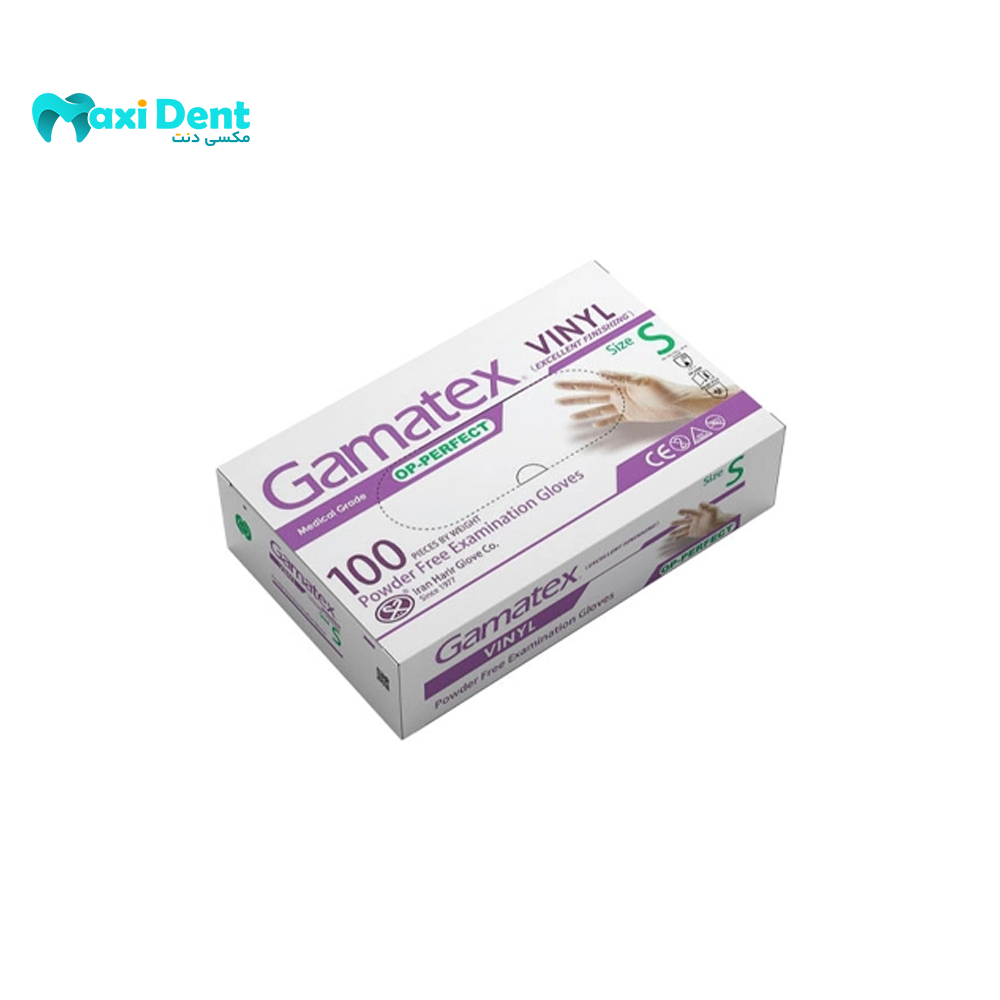 نمای اصلی بسته‌بندی دستکش معاینه وینیل بدون پودر Gama Tex