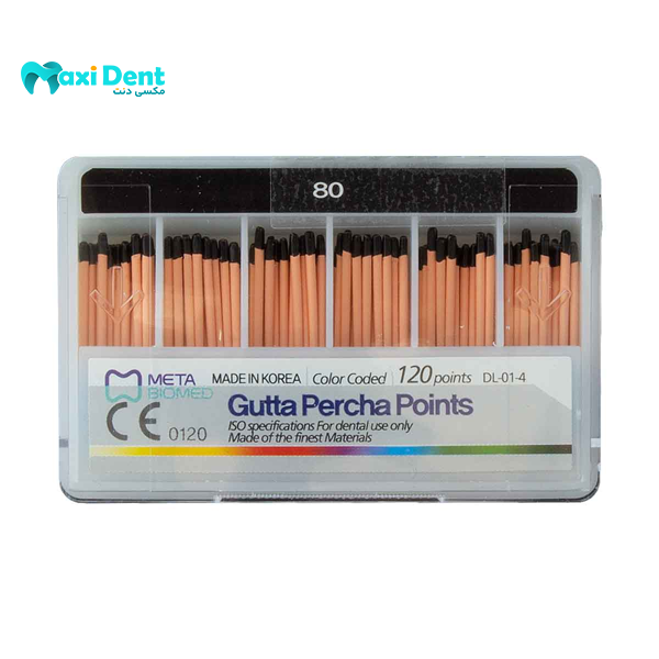 نمای نزدیک از گوتا پرکاهای سایزبندی شده Meta Biomed