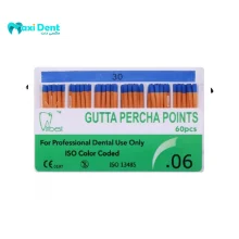 نمای نزدیک و بسته‌بندی گوتا پرکا پوینت تیپر ۶% Tribest برای درمان‌های اندودانتیکس