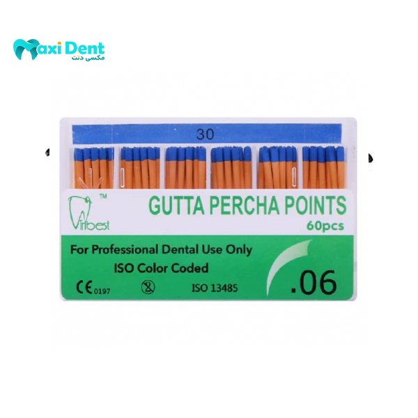 نمای نزدیک و بسته‌بندی گوتا پرکا پوینت تیپر ۶% Tribest برای درمان‌های اندودانتیکس