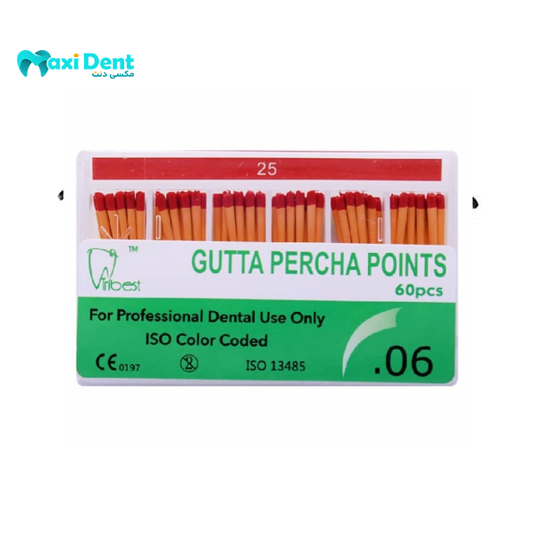 نمای نزدیک و بسته‌بندی گوتا پرکا پوینت تیپر ۶% Tribest برای درمان‌های اندودانتیکس