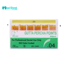 نمای نزدیک و بسته‌بندی گوتا پرکا پوینت تیپر ۴% Tribest جهت استفاده در درمان‌های اندودانتیکس